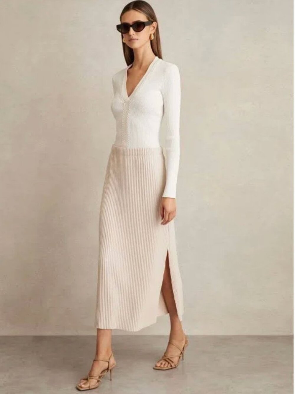 Reiss Women's Pippa Pleated Jersey Midi Skirt in Stone (Cream) Size 10